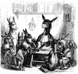 Scéna z knihy "Les animaux peints par eux-memes - Vie privee et publique des animaux", kterou napsal Balzac