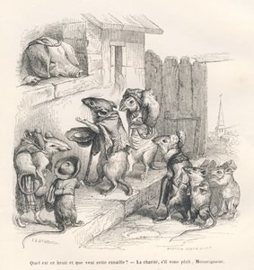 Myš dává milodary prasátku. Viněty ilustroval JJ Granville. Rytina podepsaná Andrew, Best a Leloir v části nazvané "Le rat philosophe", kterou napsal Edouard Lemoine v knize "Scenes de la vie privee et publique des animaux". Paris, J. Hetz od Grandville