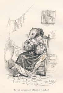 Myška opravuje ponožku. Miniatury ilustroval JJ Granville. Rytina podepsána Andrewem, Bestem a Leloirem v části nazvané „Krysa filozofa“, kterou napsal Edouard Lemoine ve „Scénách ze soukromého a veřejného života zvířat“. Paris, J. Hetzel a od Grandville
