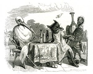 Liška a čáp, ilustrace z "La Fontainových bajek" (litografie) od Grandville