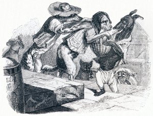 Pes, který nosí na krku tlamu svého pána - Fables od La Fontaine od Grandville