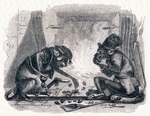 Osel a kočka (Le singe et le chat) - Bajky od La Fontaine od Grandville