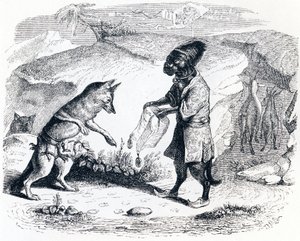 Nemocný lev a liška (Le lion malade et le renard) - Bajky od La Fontaine od Grandville