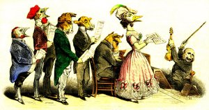 Pěvecký koncert - Chorál: zpěváci hlavy zvířat s dirigentem sboru představující opici - litografie Grandville (Jean Ignace Isidore Gerard 1808-1847) z knihy "Les Metamorphoses du Jour" 1828.