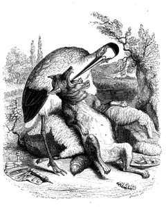 Vlk a čáp: La Fontainova pohádka ilustrovaná Grandvillem. Edition Garnier 1860. Čáp je vyobrazen jako lékař (špatná odměna za jeho devótnost!).
