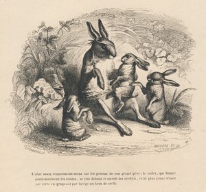 Vy zajíčkové děti posloucháte, jak jejich zraněný dědeček vypráví příběhy. Miniatury ilustroval JJ Granville. Rytina signovaná Breviere v části "Příběh zajíce" od PJ Stahla ve "Scénách ze soukromého a veřejného života zvířat". Paříž od Grandville