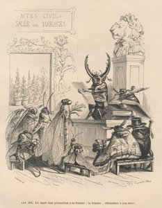 Hmyzí svatební slib. Miniatury ilustroval JJ Granville. Rytina podepsána Godardem v části nazvané „Příhody motýla“, kterou napsal PJ Stahl ve „Scénách ze soukromého a veřejného života zvířat“. Paris, J. Hetzel a Paulin od Grandville