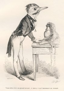 Budeš velkým učencem a já to oznámím světu. Viněty ilustroval JJ Granville. Rytina signovaná Tamisierem v části nazvané „Průvodce pro použití zvířat, která chtějí dosáhnout vyznamenání“, napsal Honore De Balzac v od Grandville