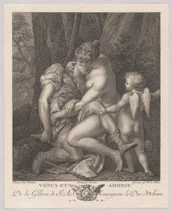 Venuše truchlící nad Adonisem, sedící pod stromem a objímající ho, s Cupidem vpravo, c..., ca. 1786. od Gérard René Le Vilain