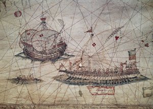 Galley a portugalská karavela, detail z námořní mapy Středozemního moře