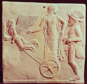 Afrodita a Hermes jedoucí na voze taženém Erosem a Psyché, 470 př.nl (terakota) od Greek