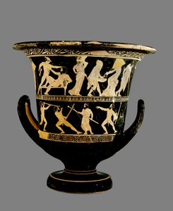 Podkrovní kalichový kráter s červenými postavami zdobený scénami Theseusových dobrodružství od Dinos Painter, kolem 425 (keramika) od Greek