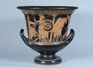 Půdní červenofigurový kalichový krater zobrazující hoplita odcházejícího do války (keramika) (viz také 223268)