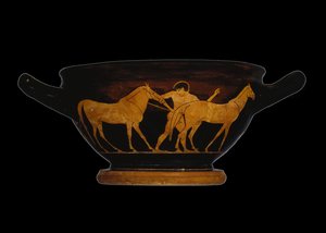 Podkrovní červenofigurový skyphos, zobrazující Hérakla a klisny Diomedovy (keramika) od Greek