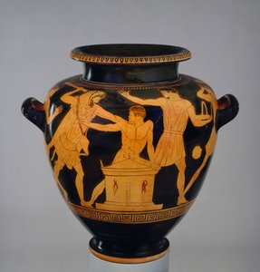 Podkrovní červenofigurové stamnos zdobené Héraklem a Busirisem, egyptským králem, pozdním následovníkem berlínského malíře z Vulci, kolem 470-460 př. n. l. (keramika)