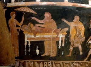 Řecké umění: Váza z Arhemore: Pohřeb Arhemore (Opheltes) Obraz od malíře Dariuse. Od Ruvo. 4. století před naším letopočtem. Národní archeologické muzeum, Neapol od Greek