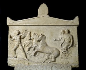 Řecké umění: reliéf věnovaný Hermovi a nymfám: Quadrige of Echelos odstraňující Basila. 420-410 před naším letopočtem. Athény, Národní archeologické muzeum od Greek