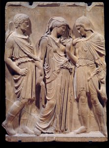 Řecký starověk: rozloučení Orphee s Eurydikou, které je Hermes připraven přivést zpět do pekla. Nápis se jmény Zethus, Antiope a Amphion pochází z renesance. Nízký mramorový reliéf. 480-323 před naším letopočtem. Ne 1,2 m Paříž, Musee du Louv od Greek