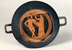 Řecký pohár s červenou postavou, zobrazující válečníka tančícího Pyrrhic, od Aristeida staršího (keramika) od Greek