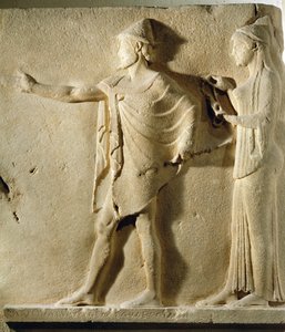 Hermes agoraios a Charita, reliéf z Theorského průchodu, Thasos, asi 470 př. n. l. (mramor) (viz také 346624)