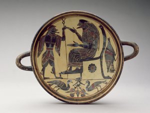 Laconian kylix cup zobrazující Dia a Herma, cca 550-530 př.nl (hlína) (viz také 288296 a 288298) od Greek