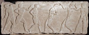 Mramorové reliéfní punčochy pohřebního kourose představující šest sportovců. 510 -500 před naším letopočtem. Z akropole Athény. Národní muzeum archeologie, Athény od Greek