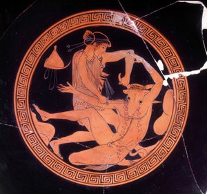 Minotaur zabit Thesee - řecká váza uchovávaná v Museo Archeologico de Firenze. Interiér pentického poháru s červenými postavami, malíř z Dokimasie. 480 před naším letopočtem. (Minotauro) od Greek