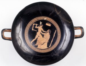 Malba na řezu: Znázornění Heracléa mávajícího židlí, aby vyřadil svého hudebního mistra, 470 př. Kr. BNF, Medailový úřad. od Greek