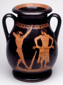 Malba na váze: Herakles (Herkules) se připravuje na potahování lví kůží, sportovec po jeho levici se zahřívá. 490 před naším letopočtem. BNF, Medailový úřad. od Greek
