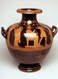 Malba na váze: Znázornění Jupitera (Zeus) zkráceného uprostřed. Nad její hlavou se objeví Athéna, každá armáda (narození Athény). Tváří v tvář Diovi stojí Hefaistos. 470 před naším letopočtem. BNF, Cabinet des Medailles. od Greek