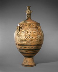 Terakotový kráter s víkem převýšeným malým hydriem, c. 750-740 př.nl (terakota)