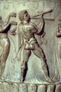 Kráter nebo váza Borghese, detail reliéfu zobrazujícího muže hrajícího na dvojitou flétnu, Neo-Atic, mramor cca 40-30 př.nl