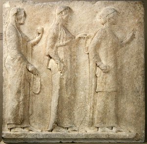 Tři grácie, reliéf z pasáže Theores, Thasos, asi 470 př. n. l. (mramor) od Greek