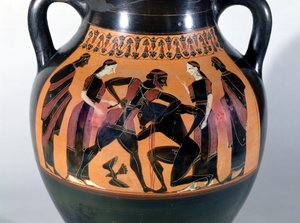 Theseus bojující s Minotaurem, detail z podkrovní černofigurové amfory (keramika)