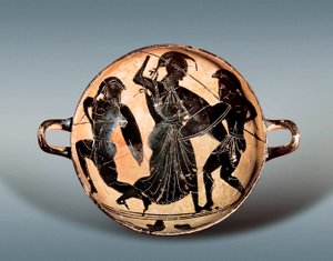 Trojská válka: Bohyně Athéna bojující mezi Hektorem a Achillem. 6. století před naším letopočtem. Kylix (hrnek na pití) má černé postavy v keramice, Archeologické muzeum Katalánska, Barcelona. od Greek