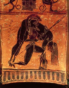Černofigurová keramika, váza Francois, attický volutový krater signovaný hrnčířem Ergotimosem a malířem Kleitiasem, detail, Ajax Telamon nesoucí Achillovo mrtvé tělo, 570-560 př.n.l.