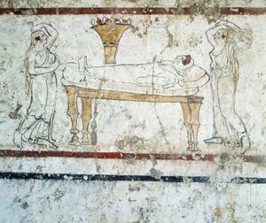 Gaudo Necropolis, lucanská fresková malba zachycující zesnulou na smrtelné posteli, 340 př.n.l. od Greek School