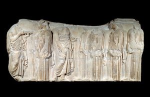Řecké umění: fragment parthenonského vlysu: procesí na svátek Velkých Panathénů: autorizátoři a ergastini. Klasické období. Paříž, muzeum Louvre od Greek School