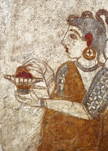Řecká civilizace, freska zobrazující kněžku pálící kadidlo, z Akrotiri, ostrov Thera, Santorini, Řecko od Greek School