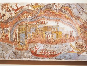 Řecká civilizace, freska zobrazující lodní průvod, z Akrotiri, ostrov Thera, Santorini, Řecko od Greek School