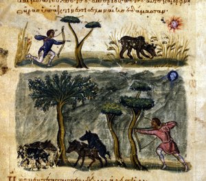 Lov divokých prasat podle řeckého rukopisu Oppianus De Venatione ze 13. století. od Greek School