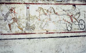 Lukánská freska náhrobní malba zobrazující gladiátora a muže na voze, Paestum 350-330 př.nl