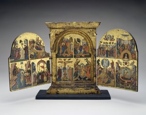 Vzkříšení Lazara; Vjezd do Jeruzaléma; Ukřižování; Sestup Krista do pekla (střední panel), druhá polovina 16. století (tempera s plátkovým zlatem na dřevě) od Greek School