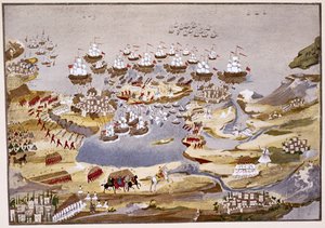 Obléhání a námořní bitva, deska 13 z Obrazové historie řecké války za nezávislost od generála Makryjannise od Greek School