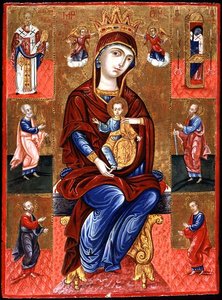 Panna Skopiotisa na trůnu s Kristem a šesti svatými, kolem 1700 (zlato a tempera na panelu) od Greek School