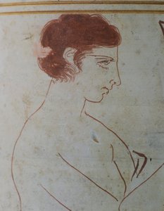 Podkrovní lekythos, zobrazující pohřební scénu válečníka sedícího před jeho hrobkou, 420-410 př. n. l., připisovaný malíři Parrhasiovi z Efesu, bílá keramika z Atén v Řecku. Detail. Řecká civilizace, 5. století před naším letopočtem. od Greek School