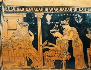 Červenofigurová keramika, Epinetron od Eretria Painter zobrazující ženu na toaletě, detail od Greek School