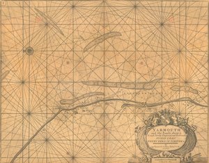 Mapa Yarmouthu a okolních písků, asi 1700 (kolorovaná rytina)