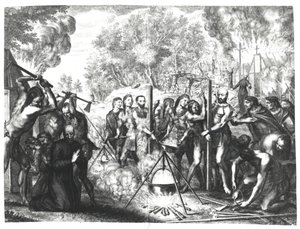 Smrt některých jezuitských otců v Nouvelle-France, z „Historiae Canadensis“ od Francoise Ducreuxe, vydané v roce 1664 od Gregoire Huret