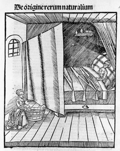 Porodní asistentka čistí nově narozené dítě, zatímco matka odpočívá. Rytina - v „“Margarita Philosophica““ od Gregora Reische (1467-1525), Basilej od Gregor Reisch